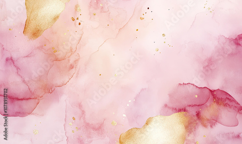 soft watercolor wet background in blush pink and gold foil tones, ink splatter great for wallpapers and stationary needs, delicate