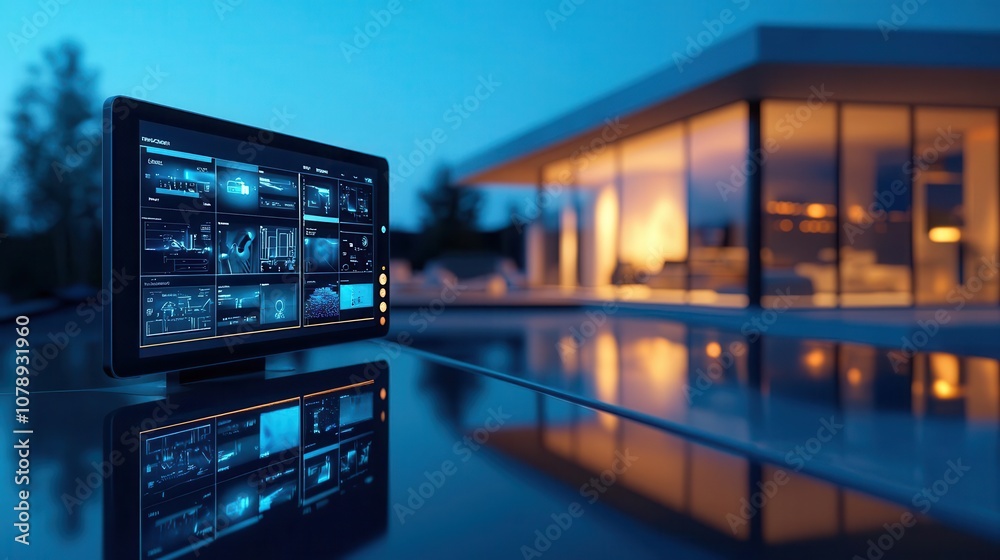 Smart home with security cameras monitoring the front door, motion detection system activated, footage displayed on a home control center, midday light