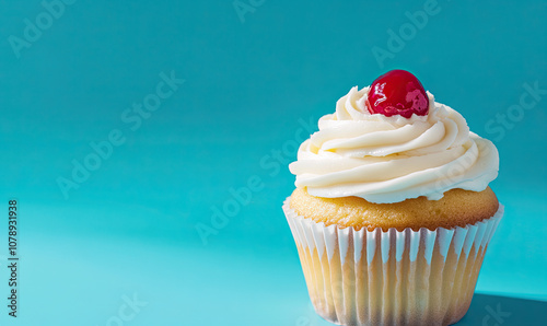 A white cupcake with a cherry on top vibrant background