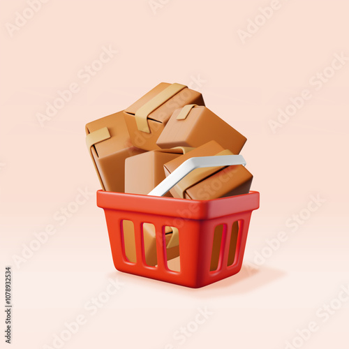 3D shopping basket full of cardboard boxes. Render plastic basket and carton packages inside. Shopping concept. Big purchases. Sale, discount on goods in shop or marketplace. Vector illustration