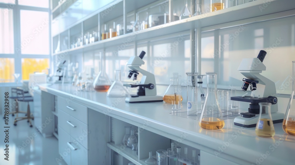 A bright and clean science lab with beakers, test tubes, and microscopes on the counters