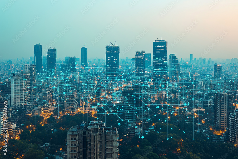 Obraz premium New Delhi city with skyscrapers view, digital data stream connecting concept, smart urban development. advanced network technology