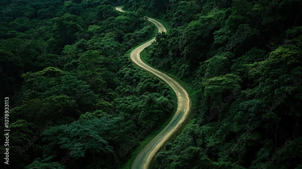 Curving Road Through Dense Green Forest Landscape Curving Road Through Dense Green Forest Landscape