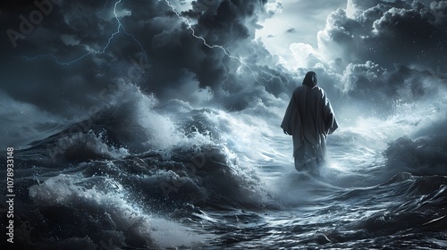 Jesus illuminated on a stormy sea, waves crashing but parting as he walks forward, dark clouds swirling with flashes of lightning, his calm expression guiding through the storm’s fury 