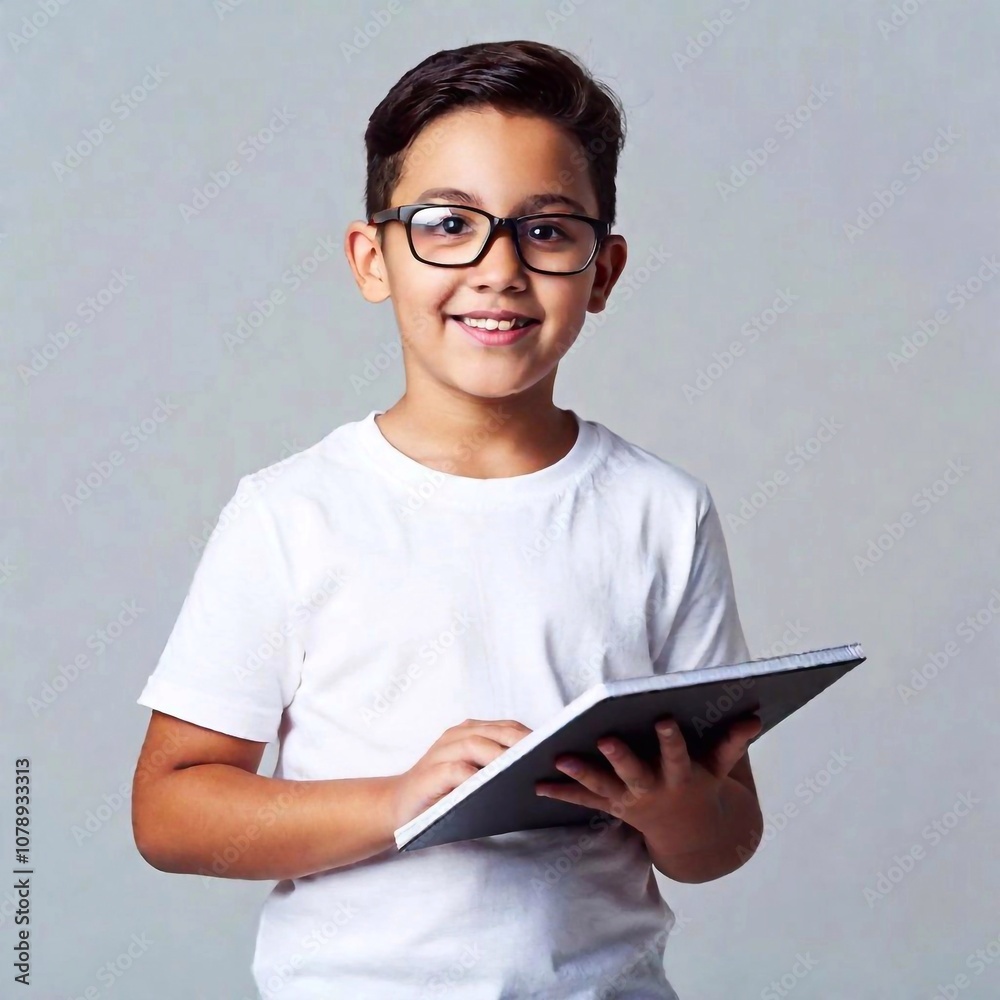 happy boy in eyeglasses holding tablet happy boy in eyeglasses holding tablet