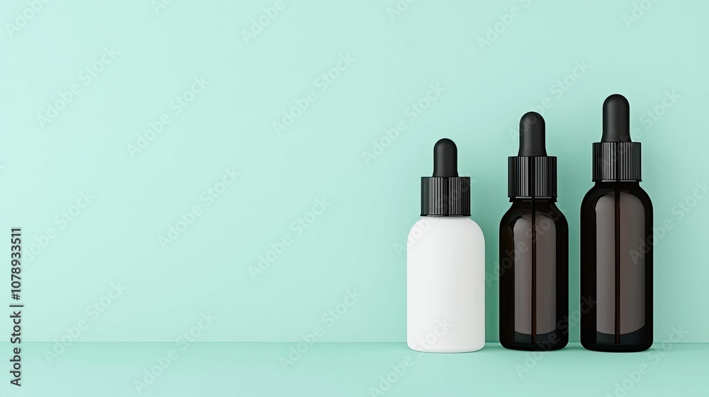 Mockup product concept, Three different dropper bottles in varying colors are arranged against a mint green background, showcasing a minimalist aesthetic. Mockup product concept, Three different dropper bottles in varying colors are arranged against a mint green background, showcasing a minimalist aesthetic.