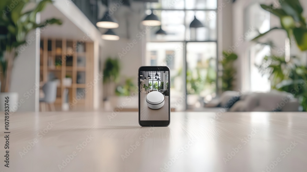 Smart home with closedcircuit cameras tracking motion in the living room, security footage displayed on a smartphone, early morning sunlight Smart home with closedcircuit cameras tracking motion in the living room, security footage displayed on a smartphone, early morning sunlight