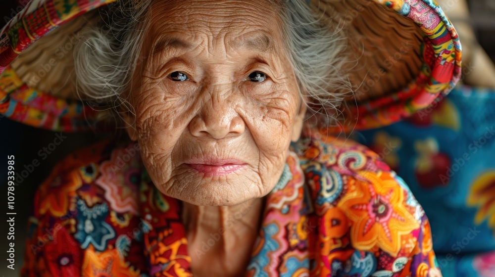 Against a colorful backdrop, a thoughtful elderly woman's contemplative pose reflects on a lifetime of memories and lessons learned Against a colorful backdrop, a thoughtful elderly woman's contemplative pose reflects on a lifetime of memories and lessons learned