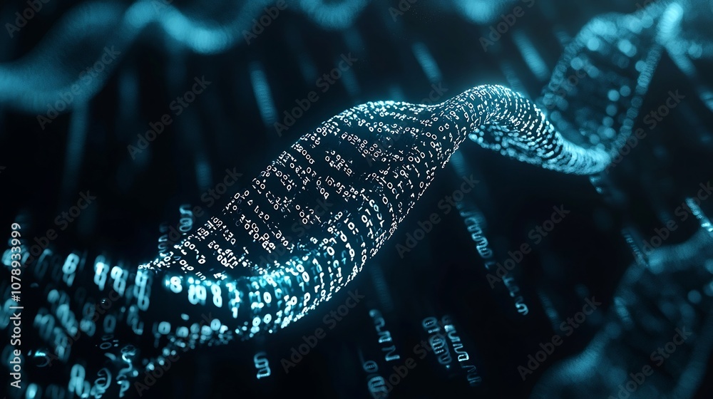 Digital DNA Helix Composed of Binary Code Against Dark Background Symbolizing Information Digital DNA Helix Composed of Binary Code Against Dark Background Symbolizing Information