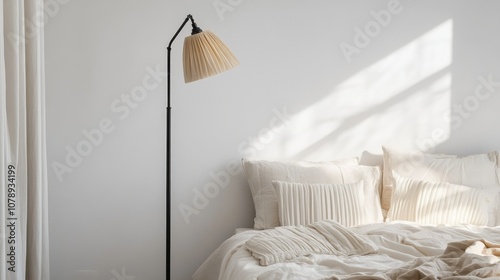 Black floor lamp with beige pleated shade beside bed, white wall background creating a calm aesthetic