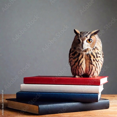 Wallpaper Mural A humanisedwise owl perched on top of a stack of books, serving as the CEO of a book publishing company Torontodigital.ca