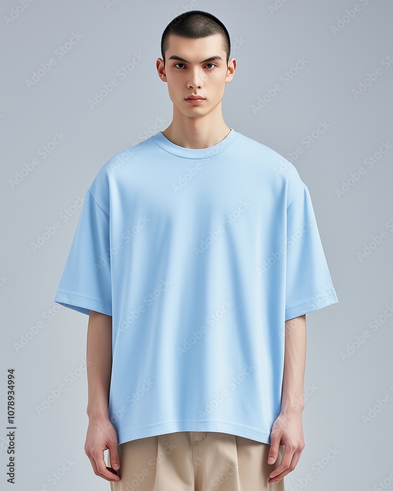 Fototapeta premium A hyper-realistic mockup of an attractive man wearing a plain light blue t-shirt and khaki slacks, styled in a minimalist fashion, standing against a clean background
