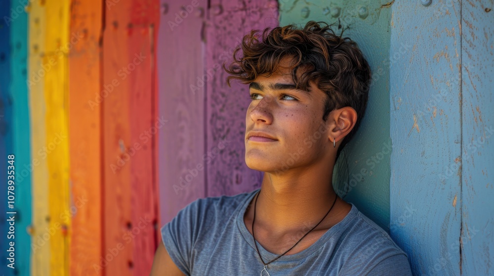 Against a dynamic backdrop, an introspective LGBTQ individual's reflective gaze captures their journey towards self-acceptance Against a dynamic backdrop, an introspective LGBTQ individual's reflective gaze captures their journey towards self-acceptance