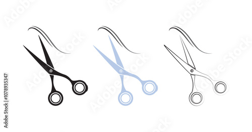 Three scissor designs with hair elements in black, blue, and outlined variations.