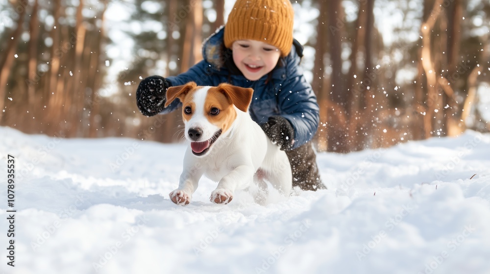 A young boy runs through the snow with his dog in a winter forest A young boy runs through the snow with his dog in a winter forest