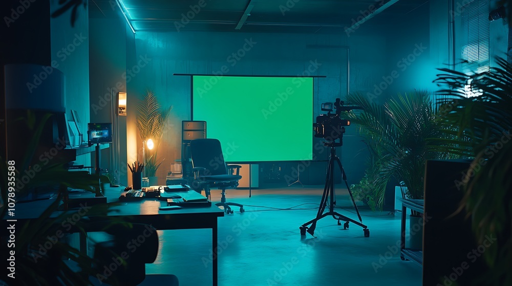 LED green screen in a creative workspace with a camera, lighting setup, and director’s chair LED green screen in a creative workspace with a camera, lighting setup, and director’s chair
