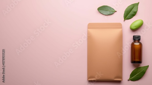 Wallpaper Mural Mockup product concept, A flat lay of a brown paper package, a small amber bottle, and green leaves on a soft pink background, evoking a natural and eco-friendly aesthetic. Torontodigital.ca
