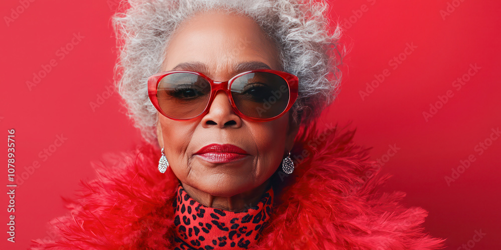 Elegant senior woman with gray hair wearing red sunglasses and feathered outfit against a bold red background. Elegant senior woman with gray hair wearing red sunglasses and feathered outfit against a bold red background.