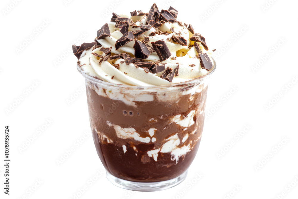 A transparent glass filled with hot chocolate, topped with a swirl of whipped cream and chocolate shavings. A transparent glass filled with hot chocolate, topped with a swirl of whipped cream and chocolate shavings.