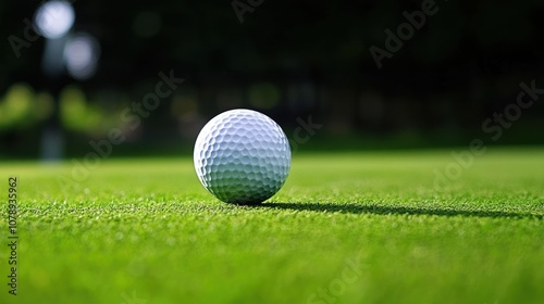 Close-up of golf ball on green grass with dark blurred background. Sports and outdoor activity concept