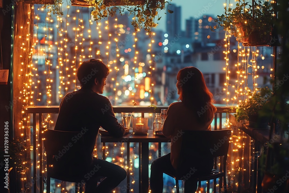 Romantic Couple Silhouettes on a Balcony with City Lights and Fairy Lights Background Romantic Couple Silhouettes on a Balcony with City Lights and Fairy Lights Background