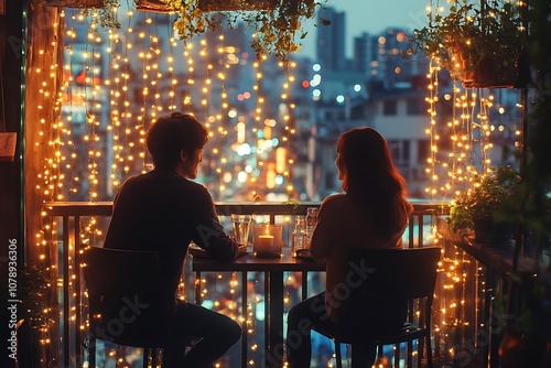 Romantic Couple Silhouettes on a Balcony with City Lights and Fairy Lights Background