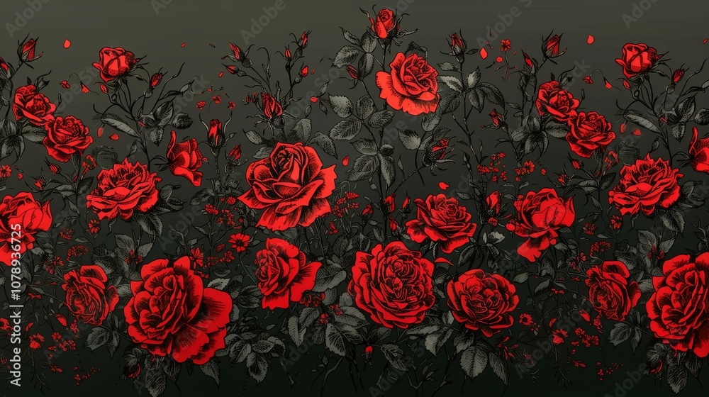 Vibrant red roses against dark background 2D illustration. Moody florals. Vintage style dramatic aesthetic flat cartoon image colorful scene. Romantic gothic theme wallpaper art
