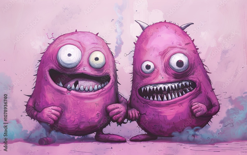 Naklejka premium Two cartoon monsters with big eyes and big smiles full of teeth. Imitation of a painted picture. Illustration for banner, poster, cover, brochure or presentation.