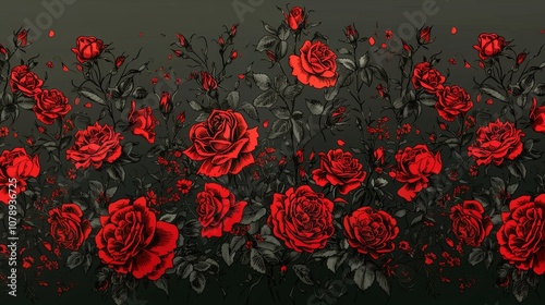 Obraz na płótnie Vibrant red roses against dark background 2D illustration. Moody florals. Vintage style dramatic aesthetic flat cartoon image colorful scene. Romantic gothic theme wallpaper art w salonie