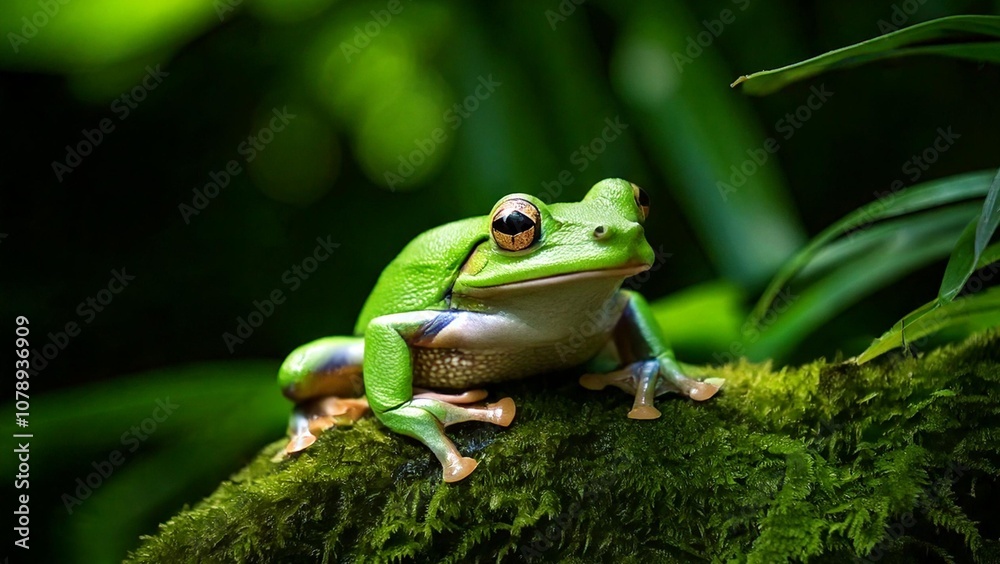 European green tree frog (Hyla arborea formerly Rana arborea) stalking prey in natural environment in forest European green tree frog (Hyla arborea formerly Rana arborea) stalking prey in natural environment in forest