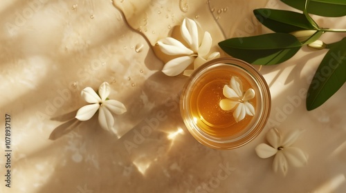 Honey and jasmine on marble surface in morning light closeup image. Soft shadows, serene ambiance. Floral essence food close up photography. Natural sweetness concept photo realistic