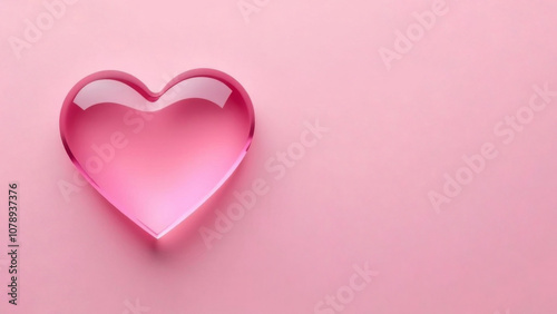 Transparent pink heart on a matte pink background, on the right there is an empty space for text. Greeting card, banner, Valentine's Day.