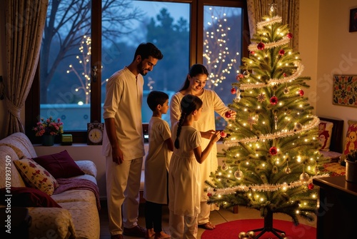 Indian Family Decorating Christmas Tree Together in Traditional Attire photo