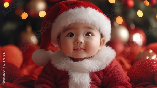 Adorable Asian baby dressed in a Santa outfit amidst festive decorations during the holiday season