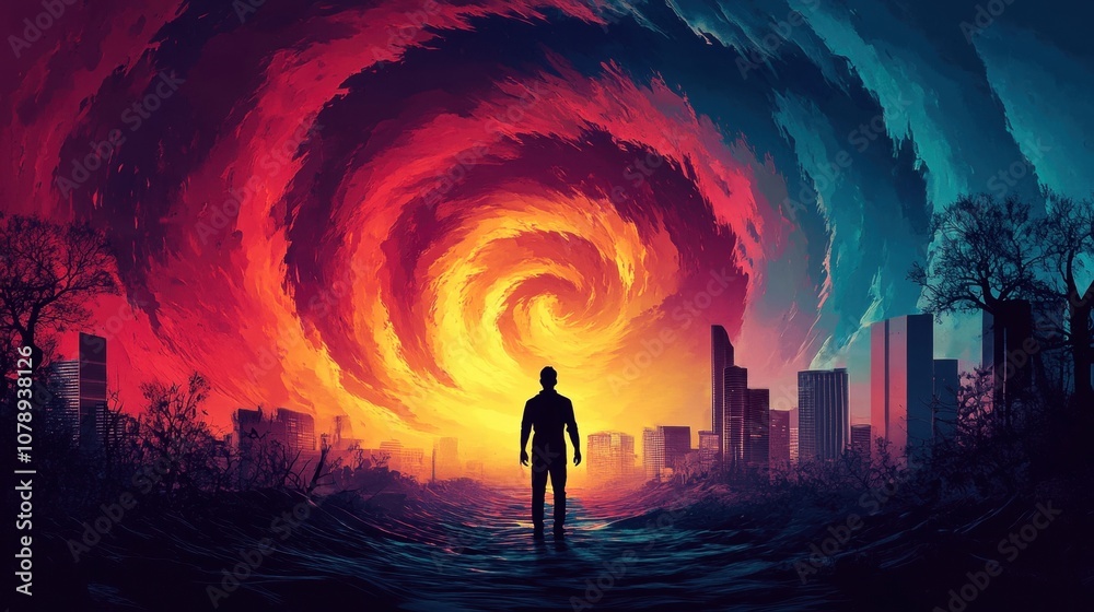 Naklejka premium A silhouette of a person standing before a vibrant spiral of colors in an urban landscape.