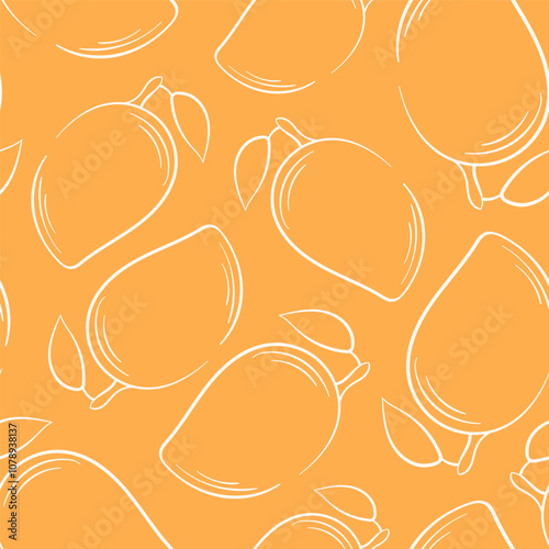 Seamless mango pattern in line art style on orange background. Ideal for tropical themed design, food packaging, textile, wallpaper and summer illustration.