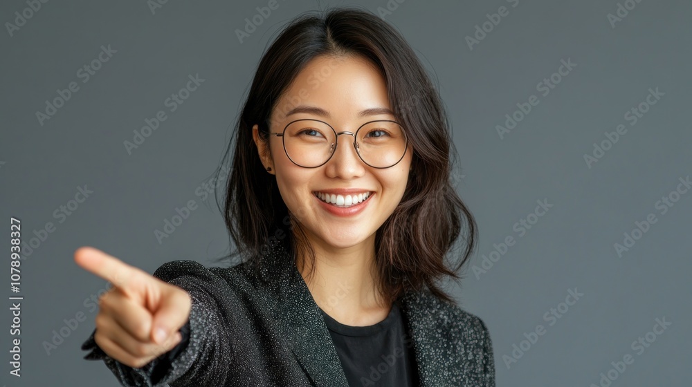Smiling Woman Pointing to the Side Smiling Woman Pointing to the Side