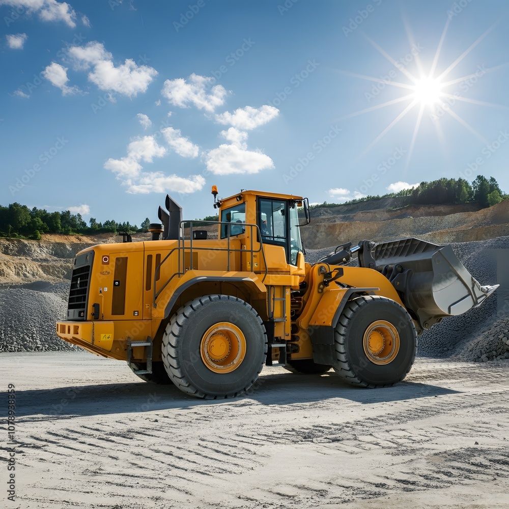 Powerful wheel loader or bulldozer working on a quarry or construction site. Earthworks in construction. Powerful modern equipment for earthworks Powerful wheel loader or bulldozer working on a quarry or construction site. Earthworks in construction. Powerful modern equipment for earthworks