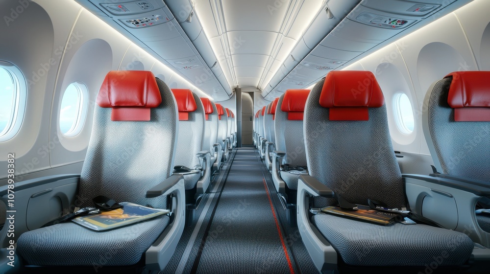 Fototapeta premium Explore the comfort and serenity of a brightly lit airplane aisle with rows of empty seats for your next travel adventure