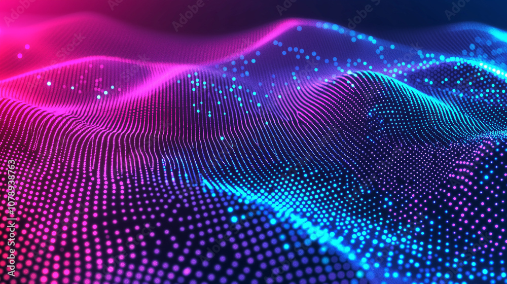 Colorful digital wave patterns illuminated with vibrant pink and blue lights against a dark background Colorful digital wave patterns illuminated with vibrant pink and blue lights against a dark background