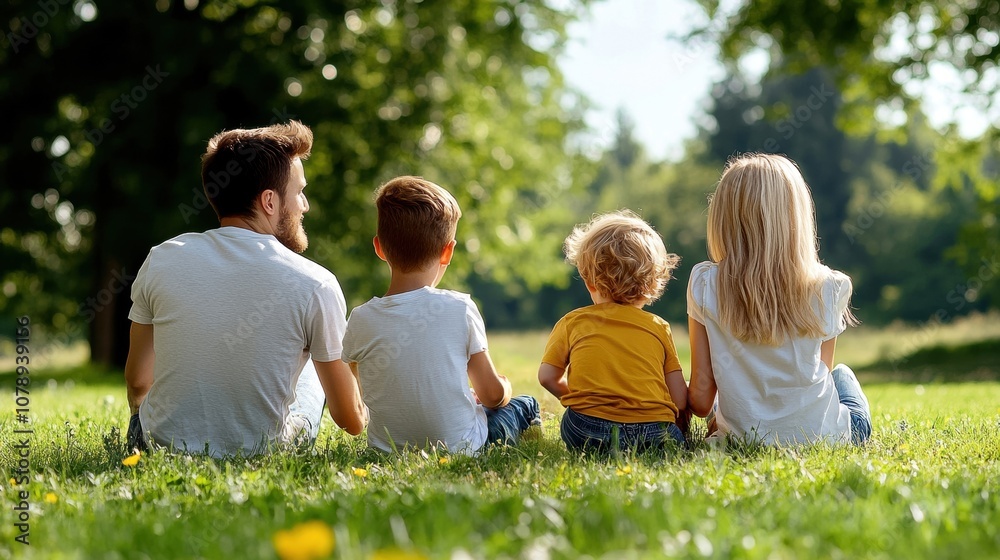 Family enjoying a sunny day outdoors, sitting together on the grass. Family enjoying a sunny day outdoors, sitting together on the grass.