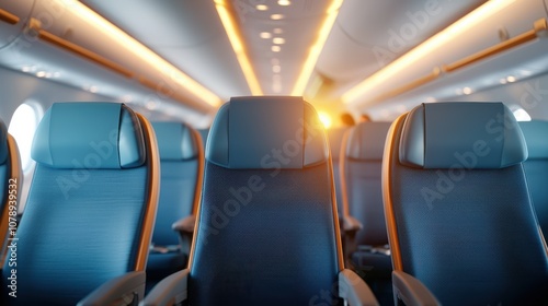 Explore the serenity of air travel a captivating view of an airplane aisle with rows of comfortable seats