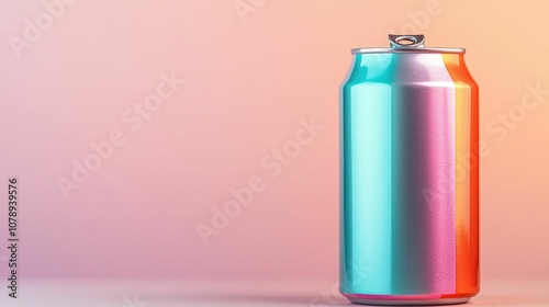 Mockup product concept, A vibrant, iridescent soda can stands against a smooth gradient background, highlighting its sleek design and colorful finish.
