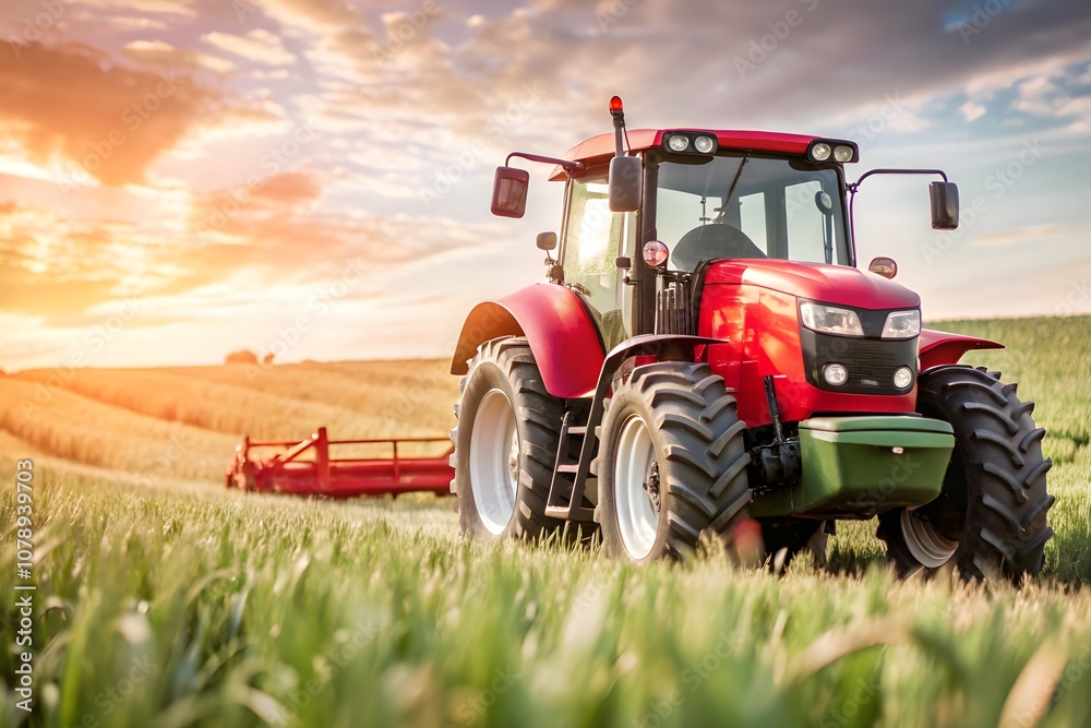 red tractor in the field in morning, tractor in farm red tractor in the field in morning, tractor in farm