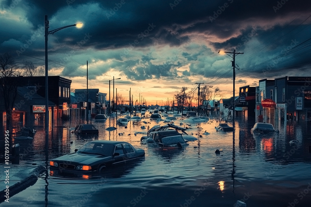 Submerged Overflow Severe flood aftermath in a city, river overflow flooding streets, with ...