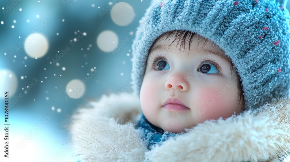 Adorable Asian baby in a cozy fur-lined snow suit enjoying a snowy winter day outdoors