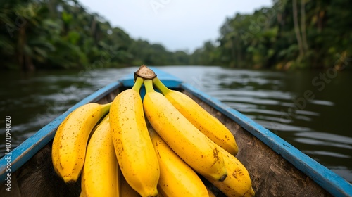 A Lush River Journey with a Vibrant Bunch of Bananas in a Tranquil Rainforest Landscape. Banana, Tropical, Organic Concept photo