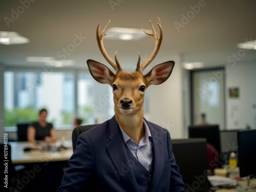 A man with a deer head is wearing a suit and tie photo