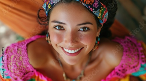 Charming and Joyful Woman in Colorful Traditional Attire