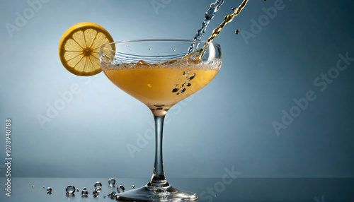 A lemon wedge sits on the rim of a glass as a yellow liquid is poured into it photo